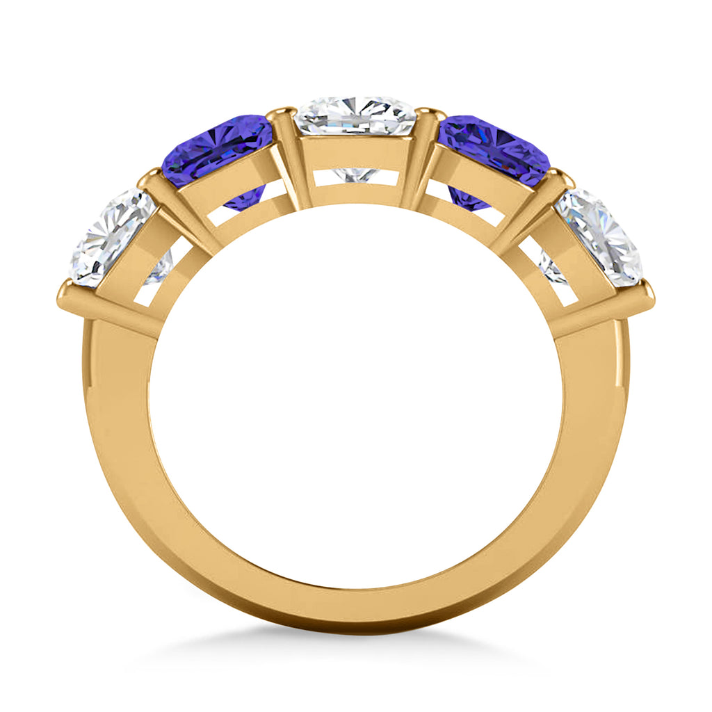 Cushion Diamond & Tanzanite Five Stone Ring 14k Yellow Gold (5.20ct)