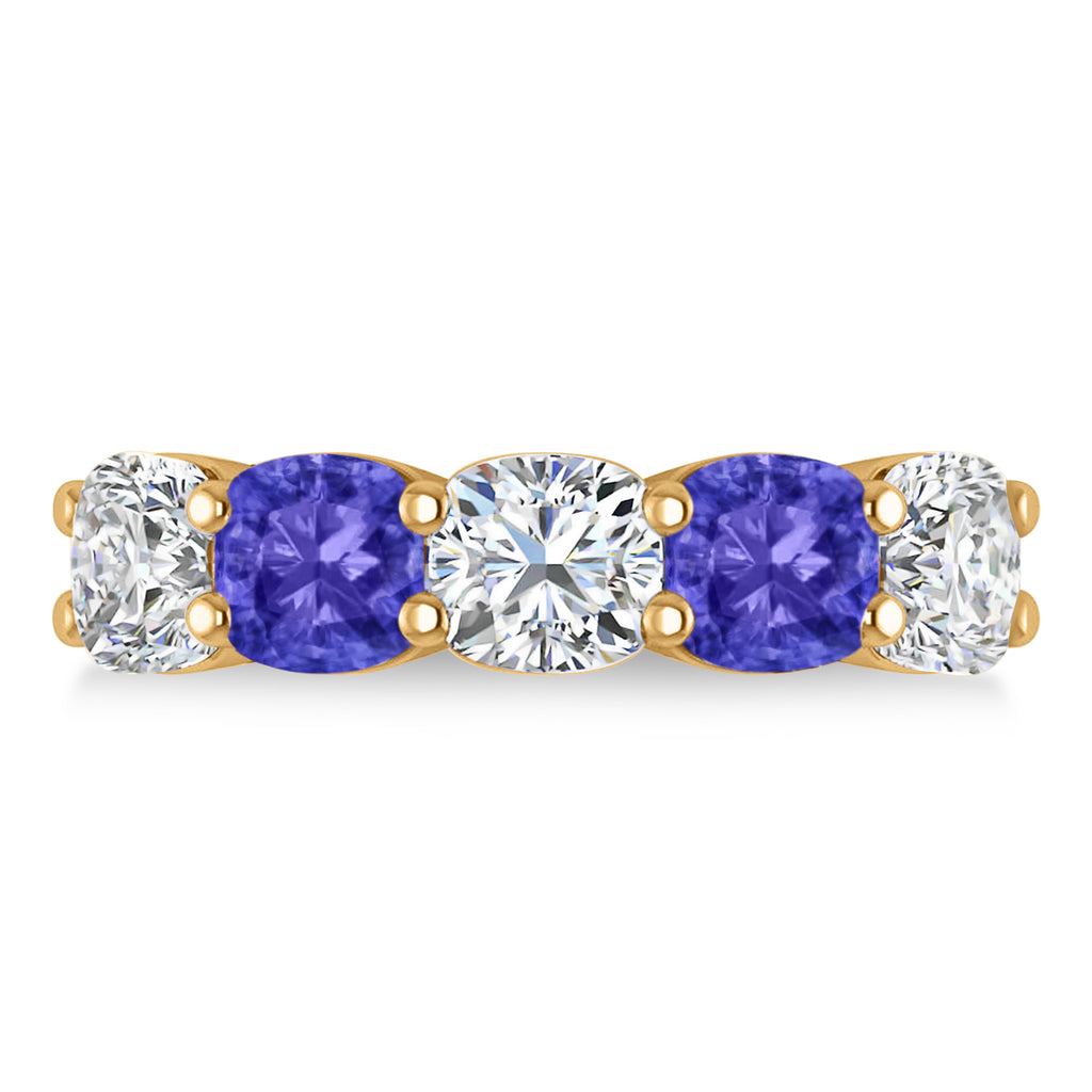 Cushion Diamond & Tanzanite Five Stone Ring 14k Yellow Gold (5.20ct)