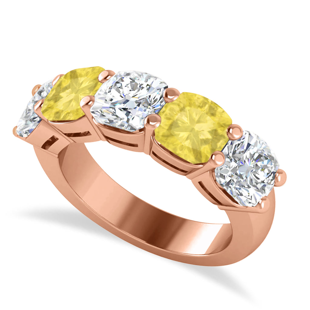 Cushion Yellow & White Diamond Five Stone Ring 14k Rose Gold (5.00ct)