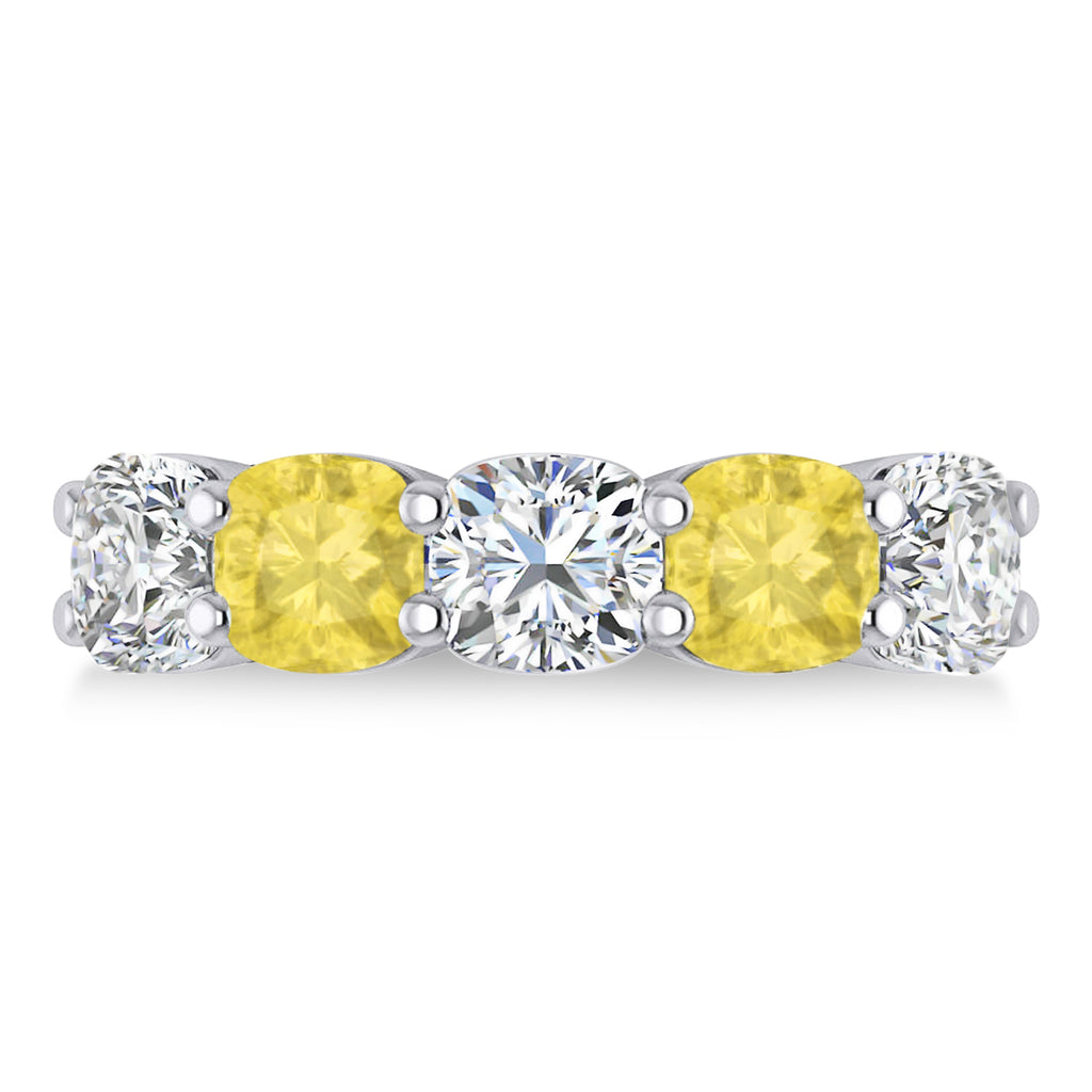 Cushion Yellow & White Diamond Five Stone Ring 14k White Gold (5.00ct)