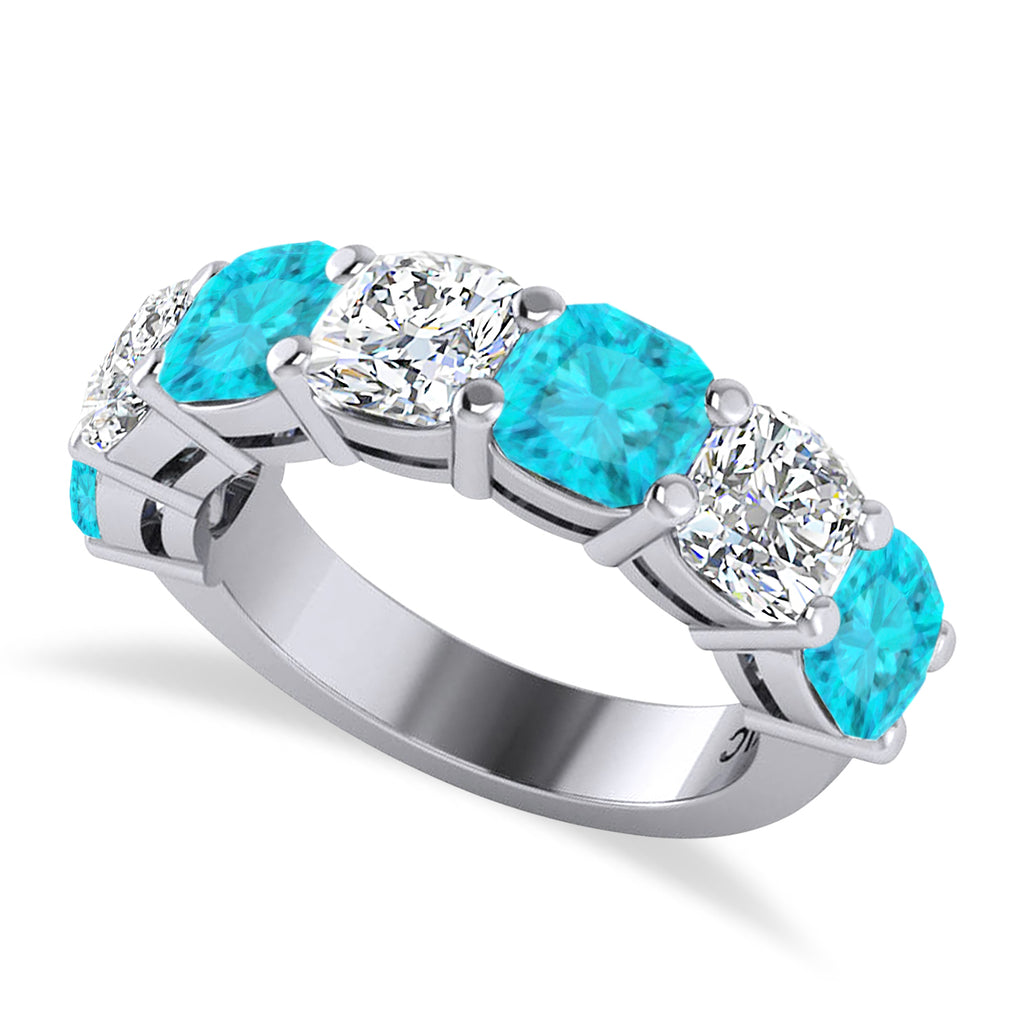 Cushion Blue & White Diamond Seven Stone Ring 14k White Gold (5.25ct)