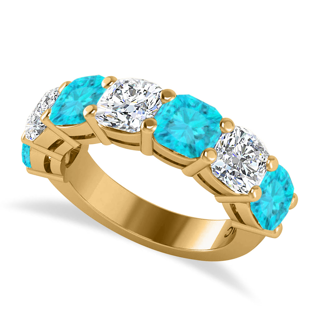 Cushion Blue & White Diamond Seven Stone Ring 14k Yellow Gold (5.25ct)