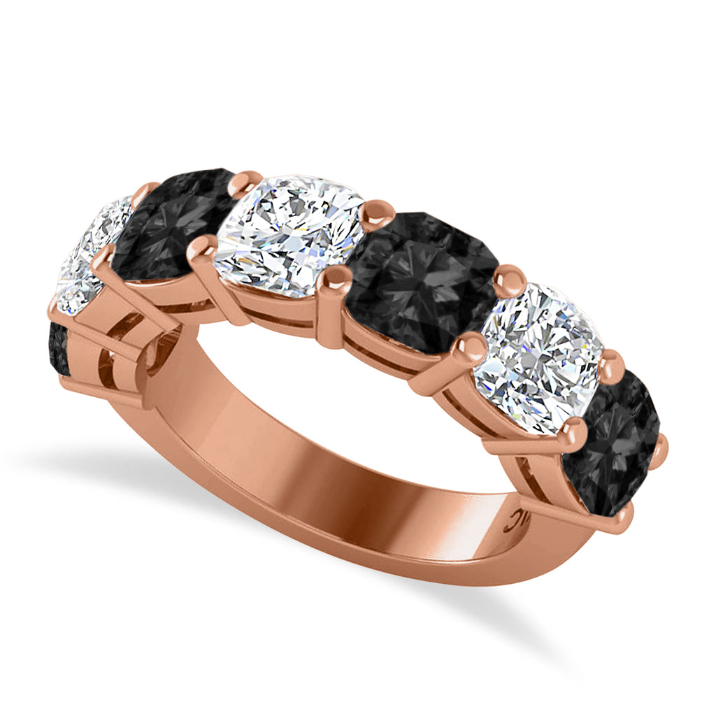 Cushion Black & Lab White Diamond Seven Stone Ring 14k Rose Gold (5.25ct)