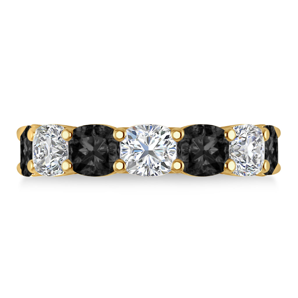 Cushion Black & Lab White Diamond Seven Stone Ring 14k Yellow Gold (5.25ct)