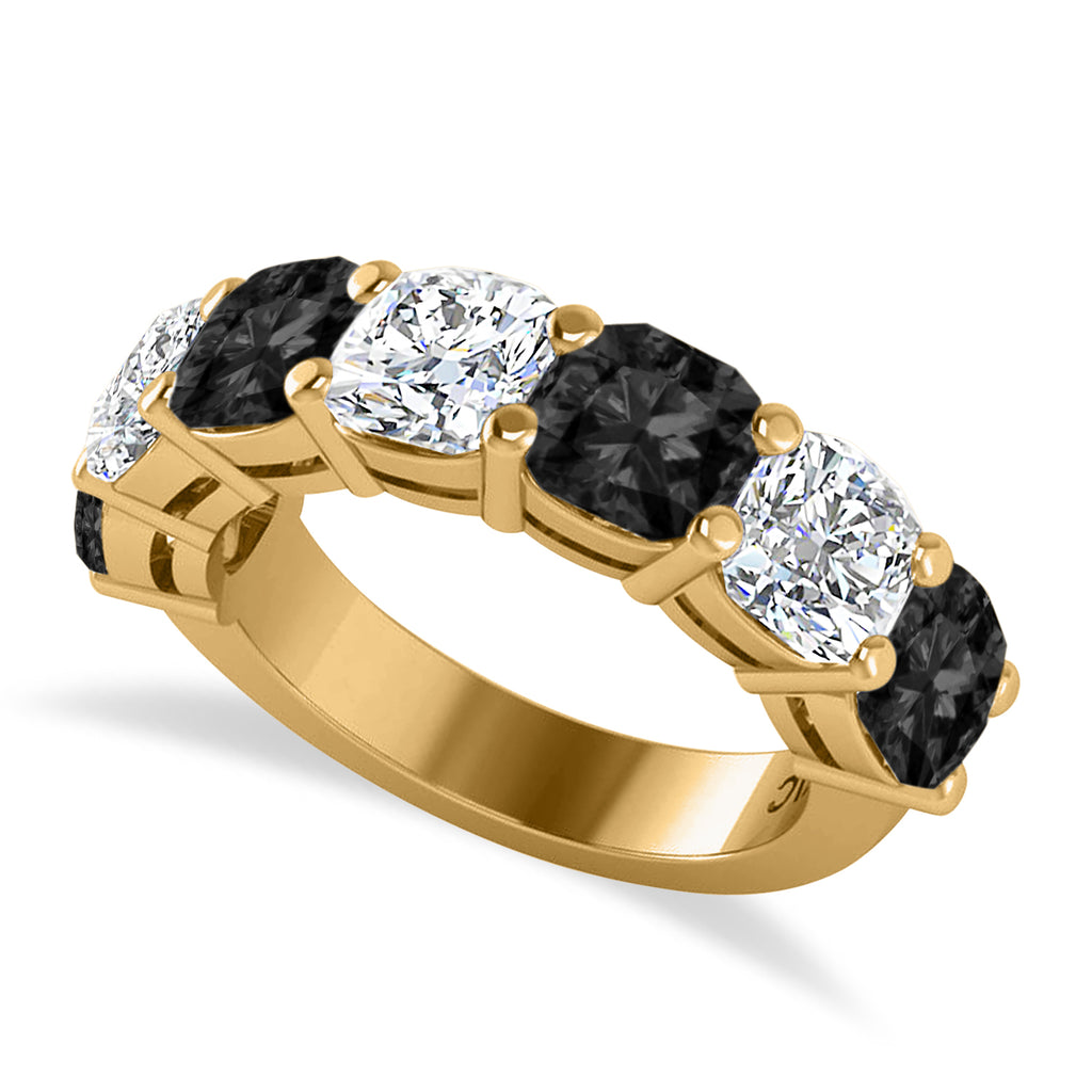 Cushion Black & White Diamond Seven Stone Ring 14k Yellow Gold (5.25ct)
