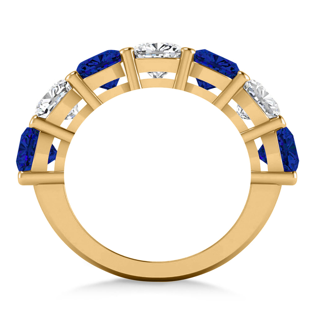 Cushion Lab Diamond & Lab Blue Sapphire Seven Stone Ring 14k Yellow Gold (5.85ct)
