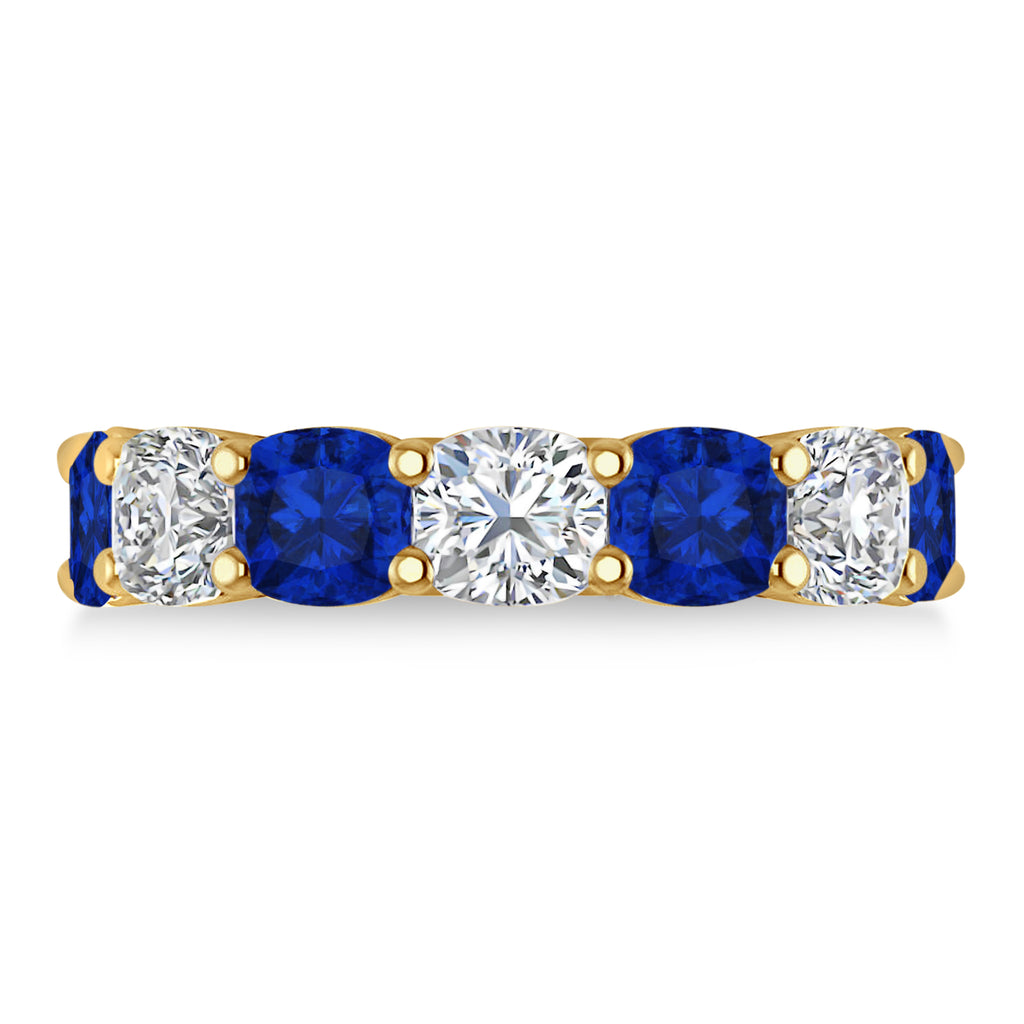 Cushion Lab Diamond & Lab Blue Sapphire Seven Stone Ring 14k Yellow Gold (5.85ct)