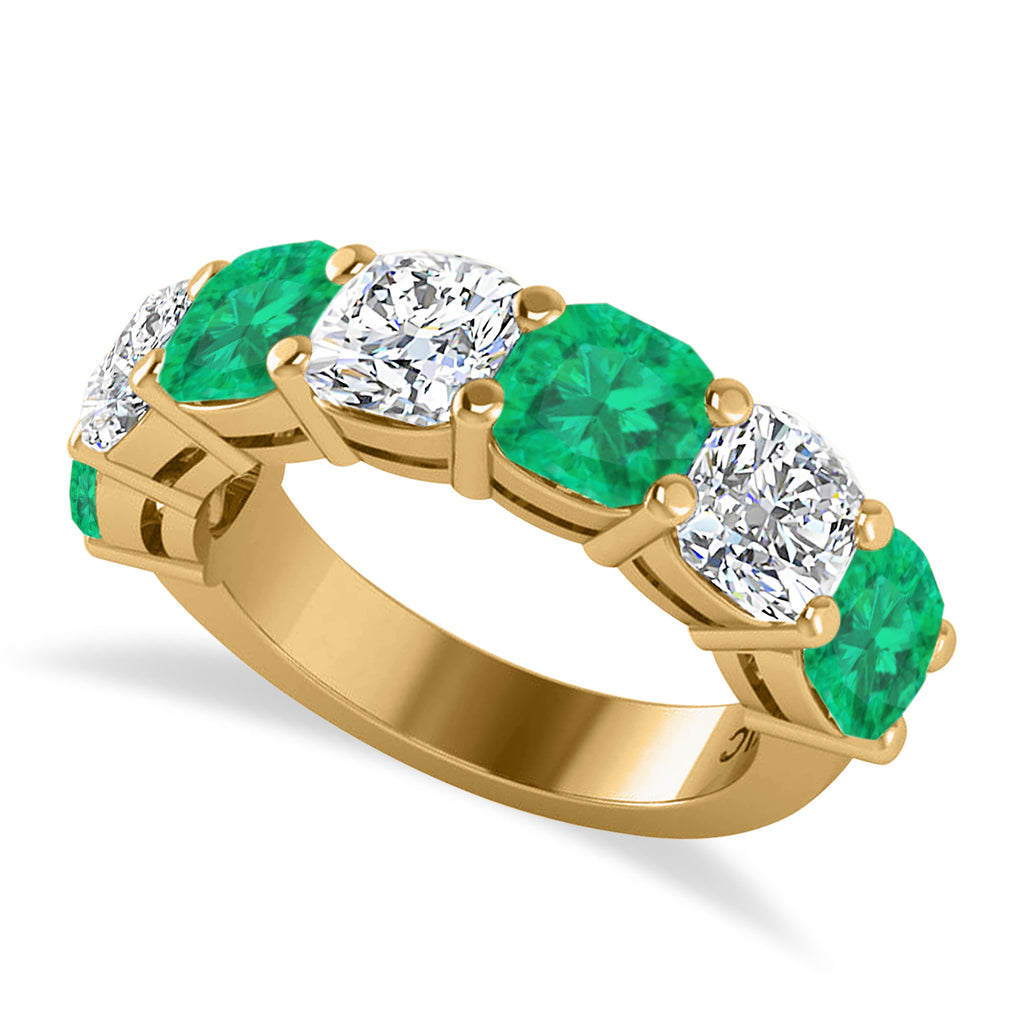 Cushion Lab Diamond & Lab Emerald Seven Stone Ring 14k Yellow Gold (5.85ct)