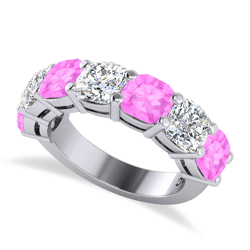 Cushion Diamond & Pink Sapphire Seven Stone Ring 14k White Gold (5.85ct)