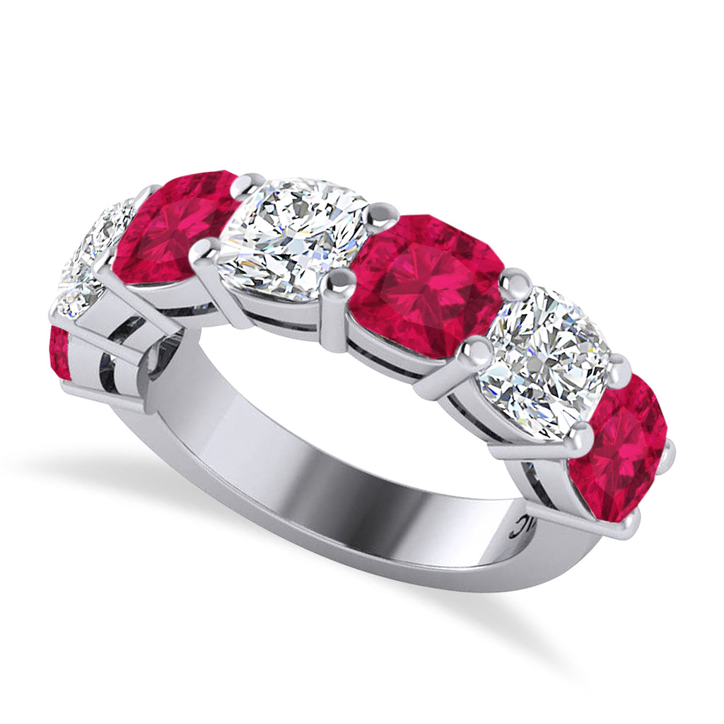 Cushion Diamond & Ruby Seven Stone Ring 14k White Gold (5.85ct)
