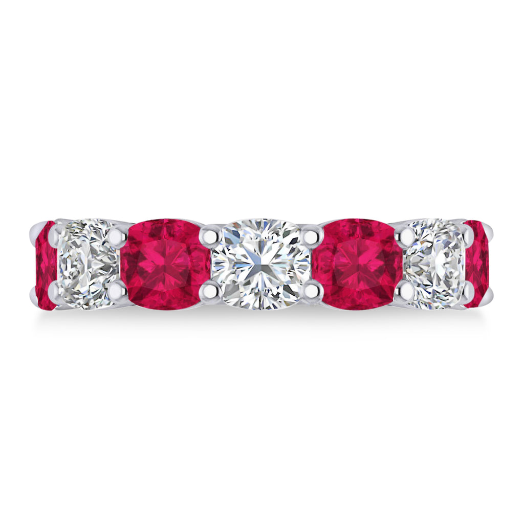 Cushion Diamond & Ruby Seven Stone Ring 14k White Gold (5.85ct)