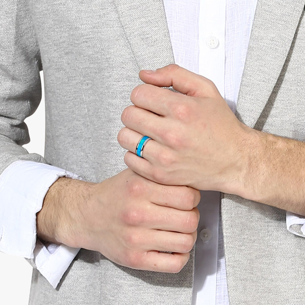 Blue Green Opal Inlay Tungsten Wedding Band (8mm)