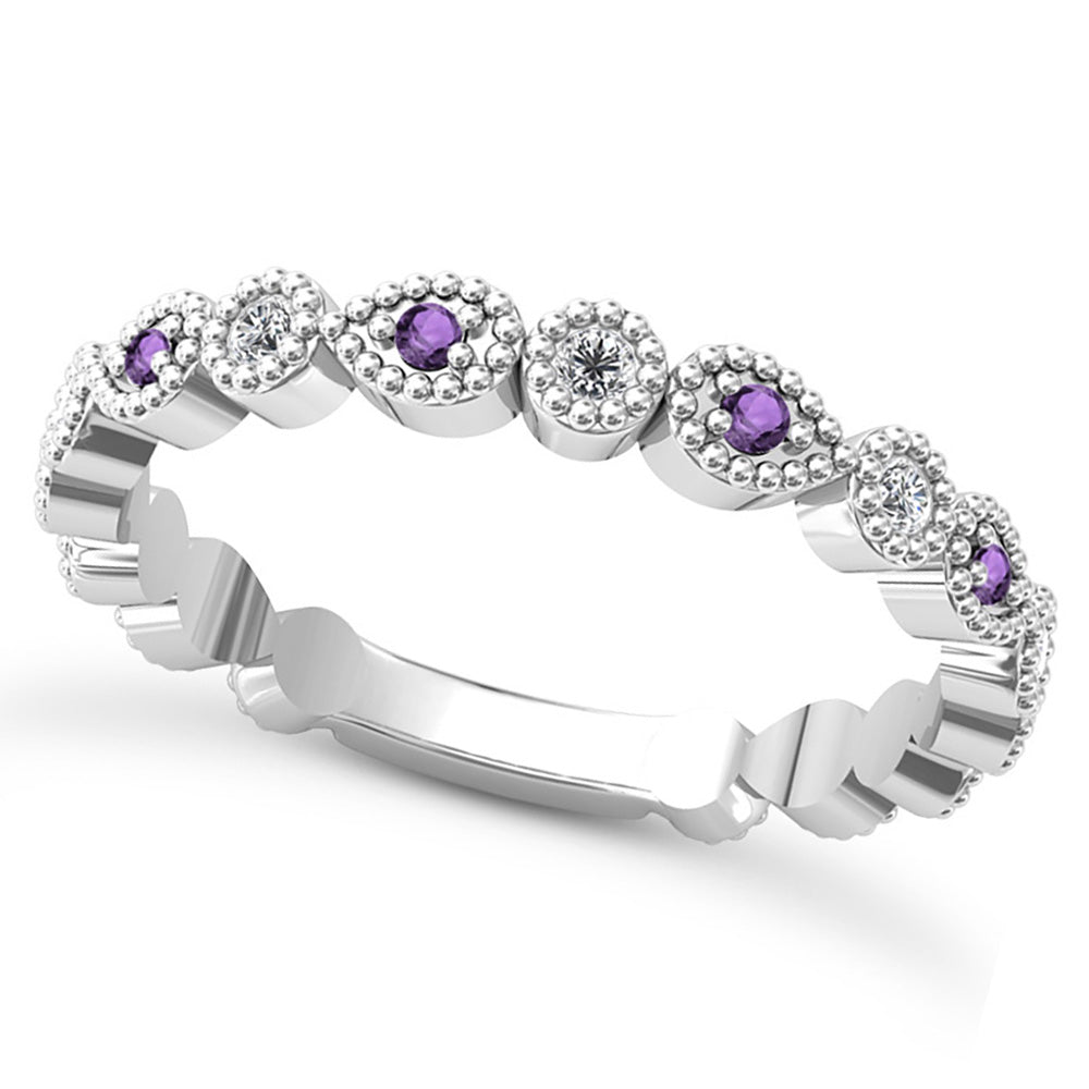 Alternating Diamond & Amethyst Wedding Band 14k White Gold (0.21ct)