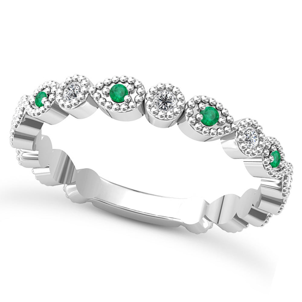Alternating Diamond & Emerald Wedding Band 14k White Gold (0.21ct)