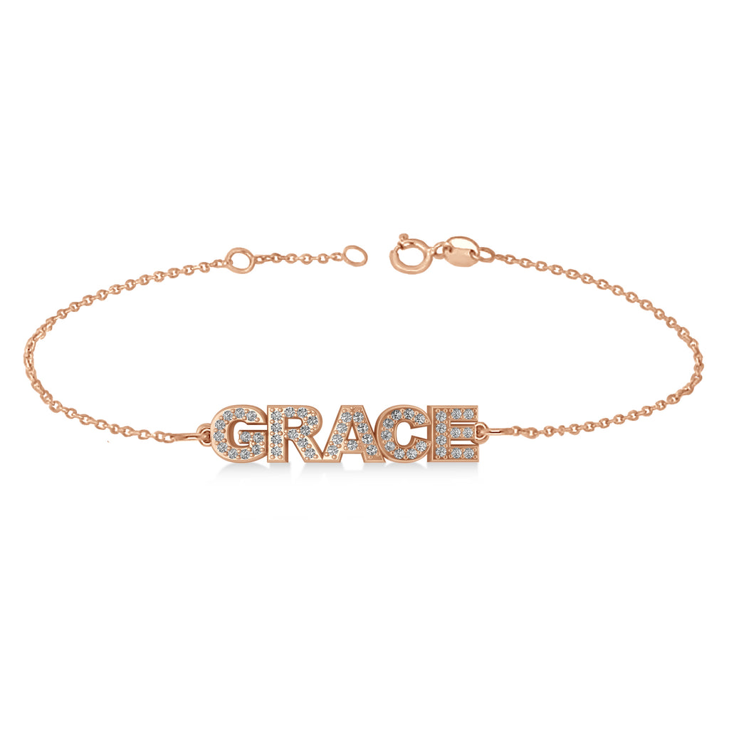 Diamond Block Font Name Link Bracelet 14K Rose Gold
