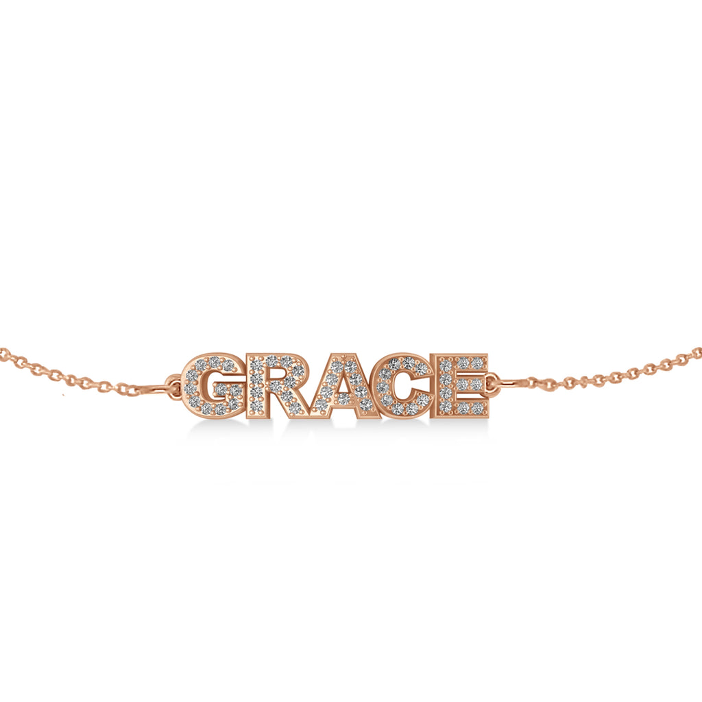 Diamond Block Font Name Link Bracelet 14K Rose Gold