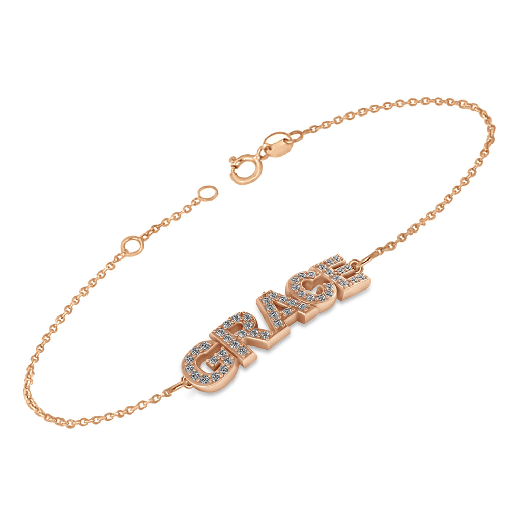 Diamond Block Font Name Link Bracelet 14K Rose Gold