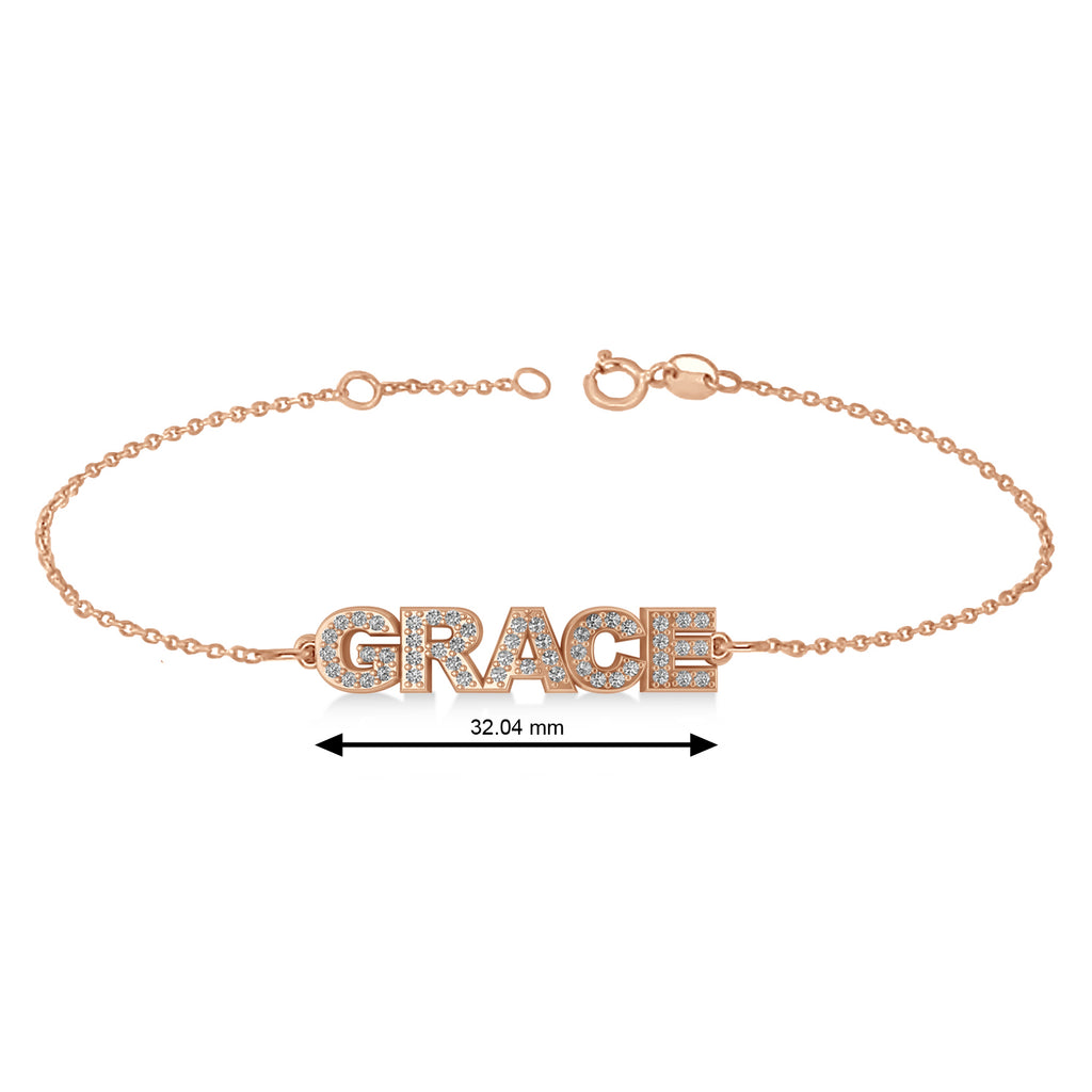 Diamond Block Font Name Link Bracelet 14K Rose Gold