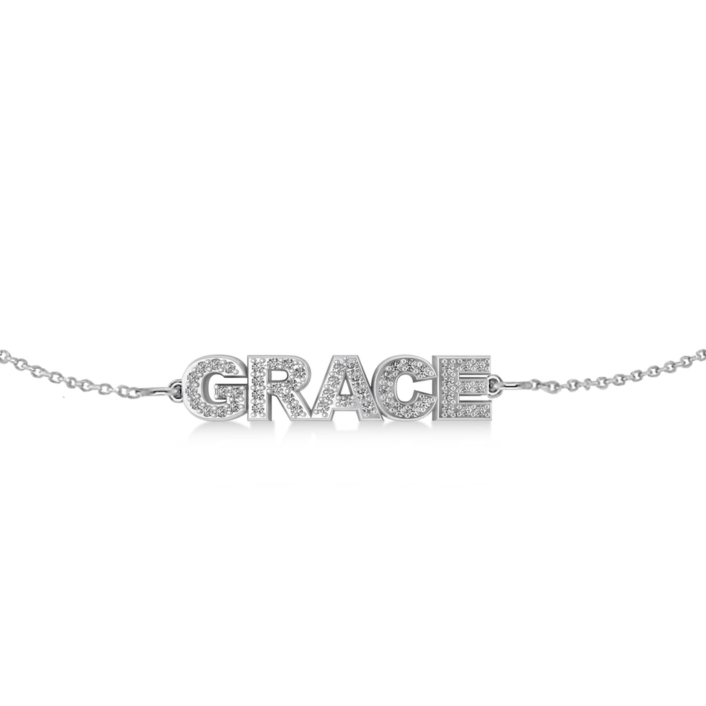 Diamond Block Font Name Link Bracelet 14K White Gold