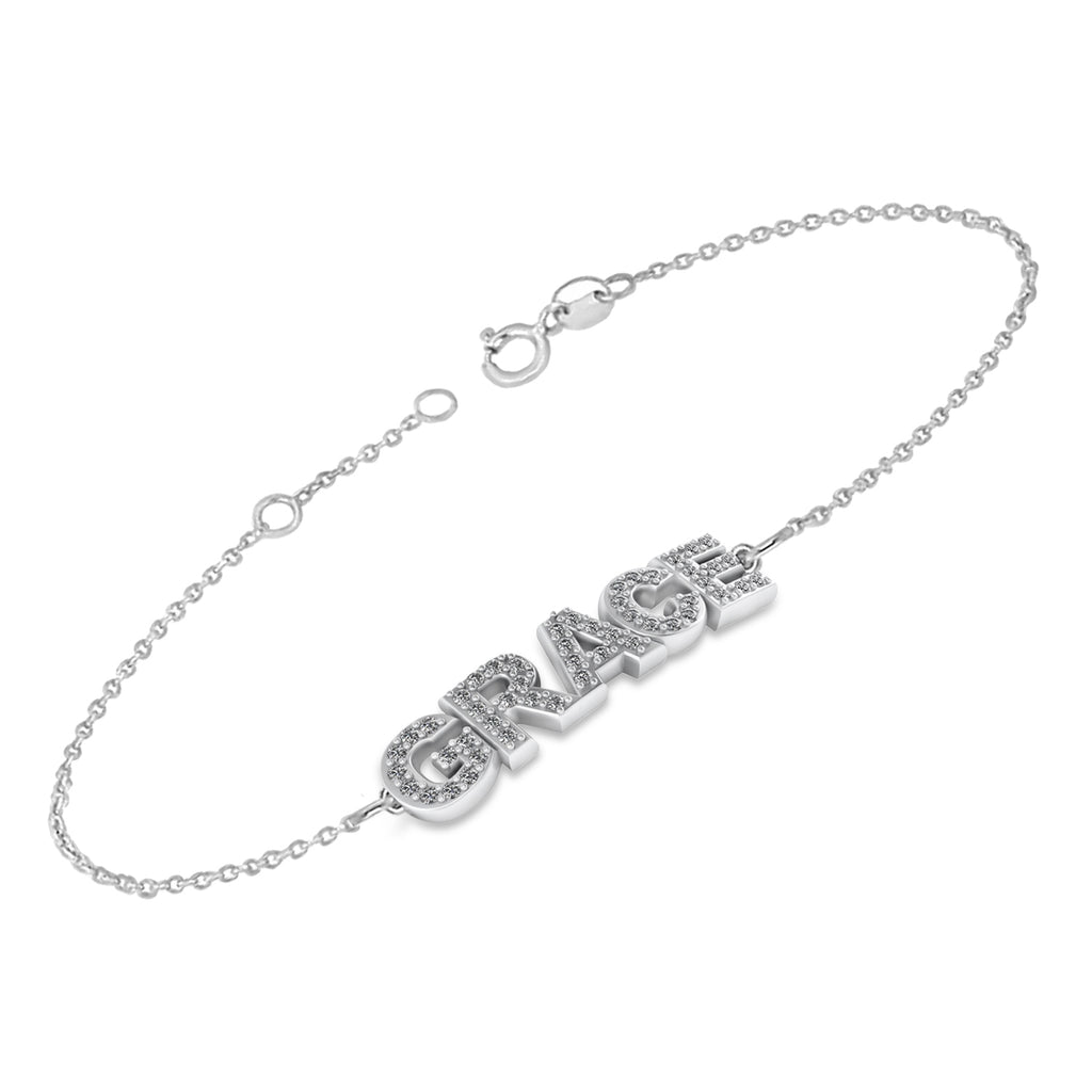 Diamond Block Font Name Link Bracelet 14K White Gold