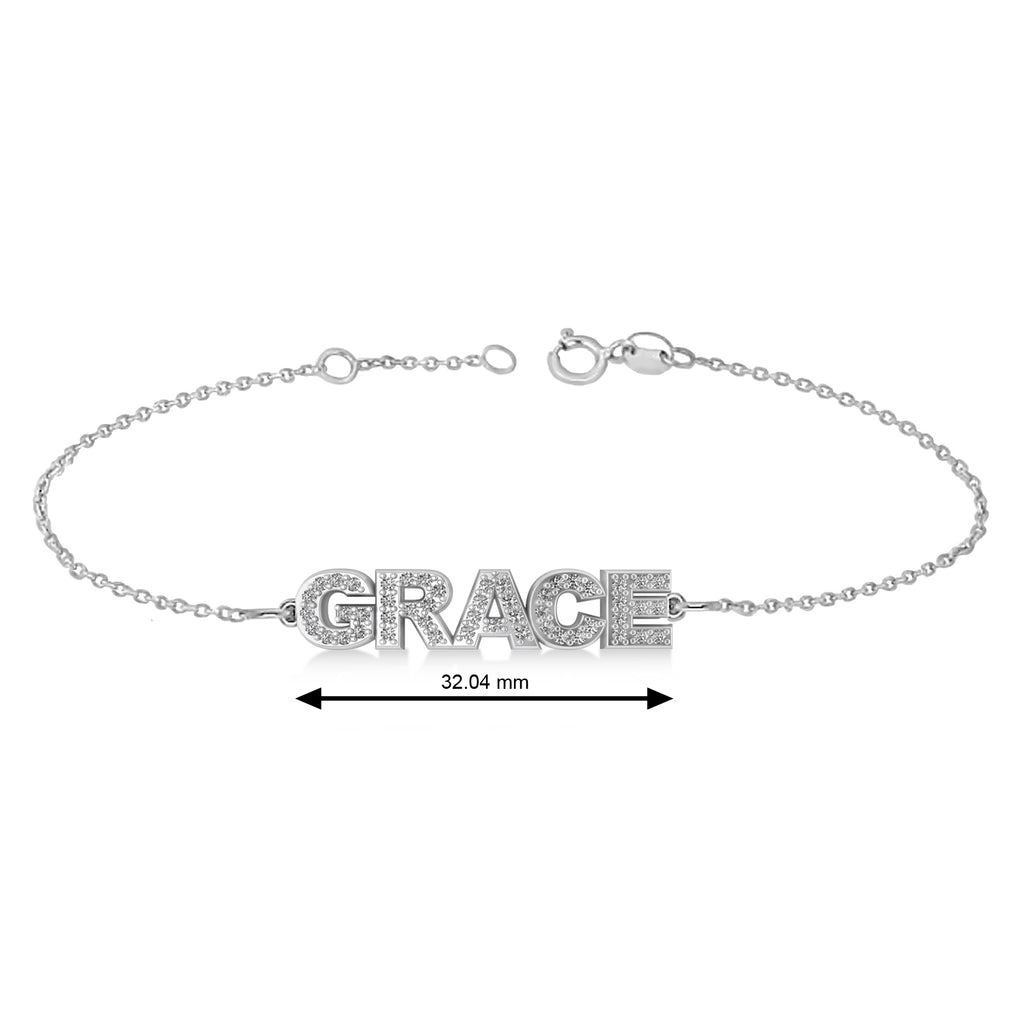 Diamond Block Font Name Link Bracelet 14K White Gold