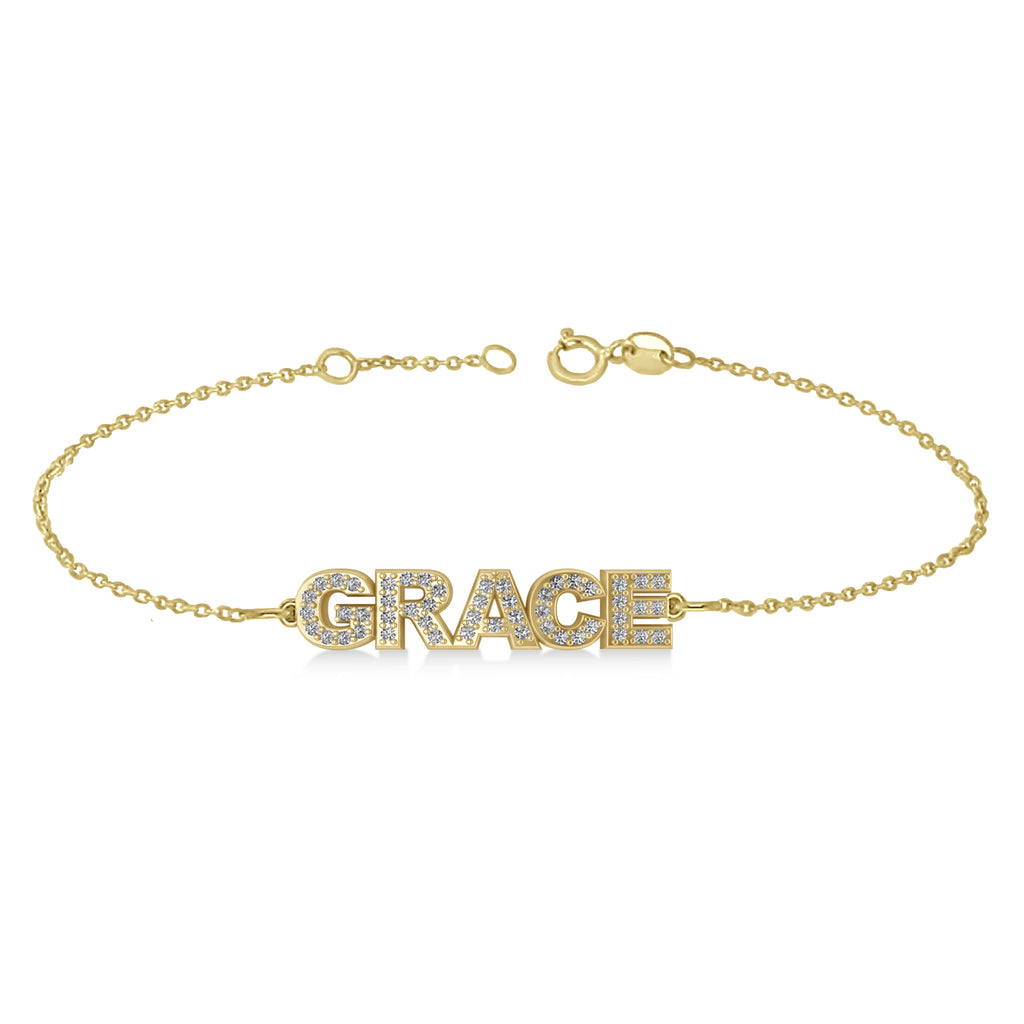 Diamond Block Font Name Link Bracelet 14K Yellow Gold