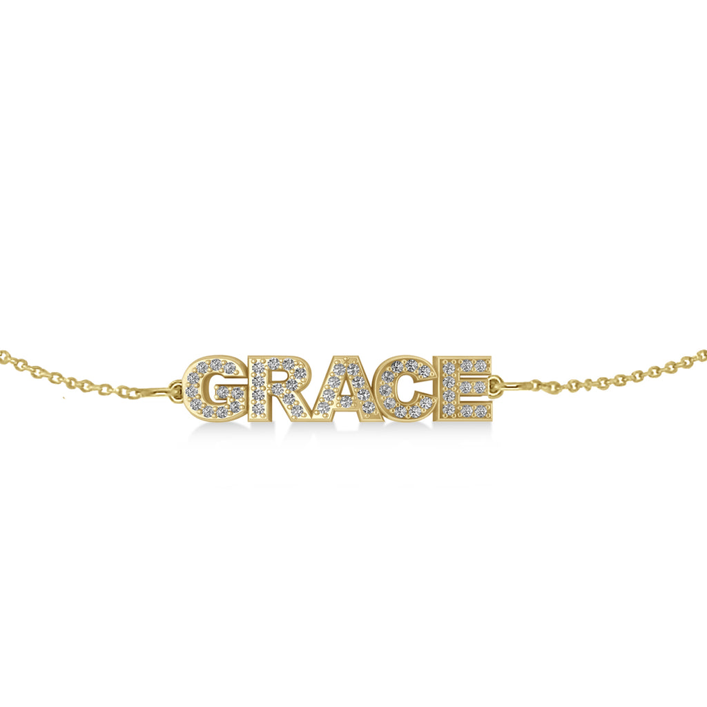 Diamond Block Font Name Link Bracelet 14K Yellow Gold