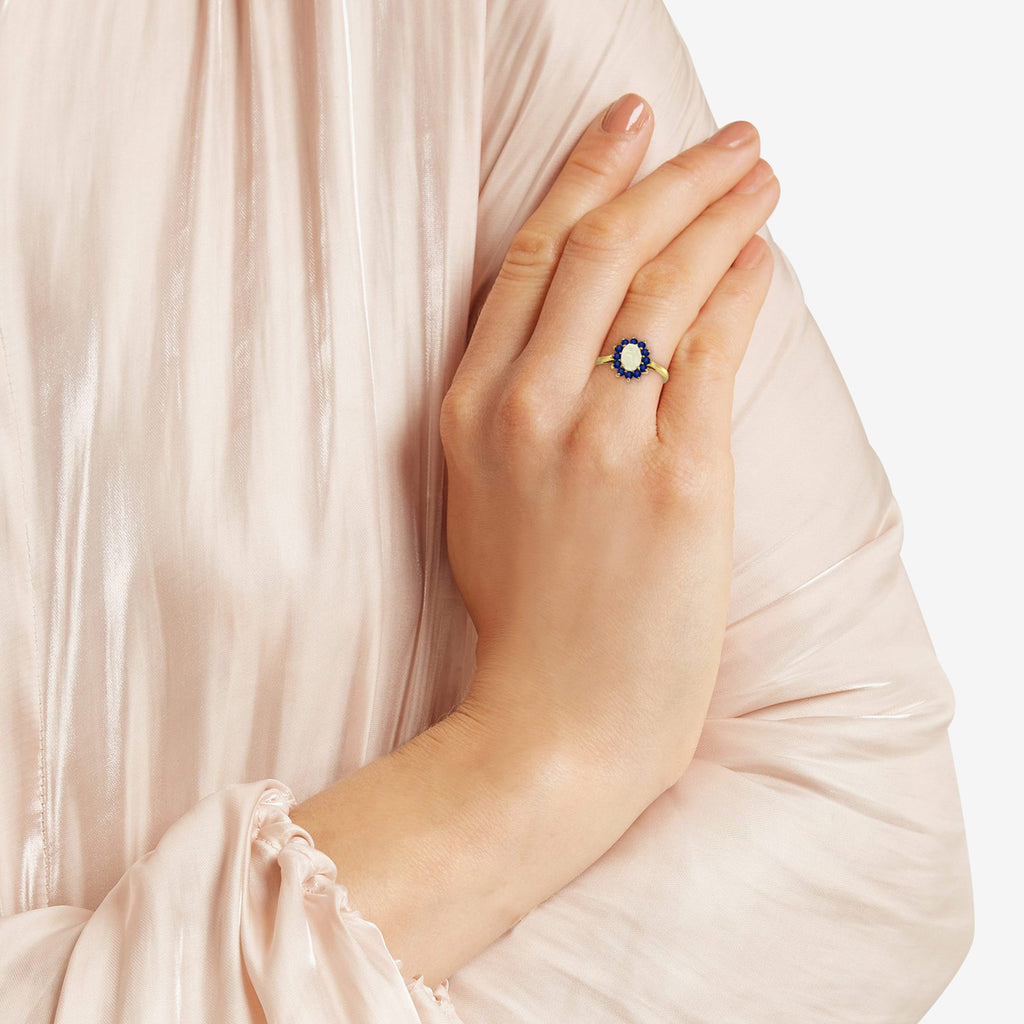 Oval Opal & Blue Sapphire Fashion Ring in 14k Yellow Gold (0.95ct)
