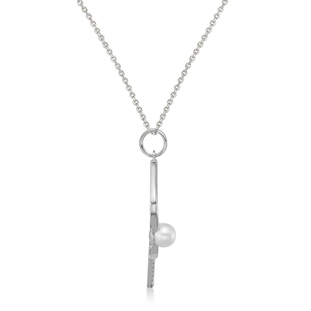 Cultured Pearl Ball & Pickleball Paddle Pendant Necklace 14K White Gold