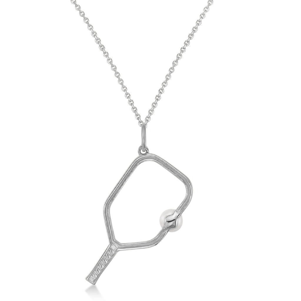 Cultured Pearl Ball & Pickleball Paddle Pendant Necklace 14K White Gold