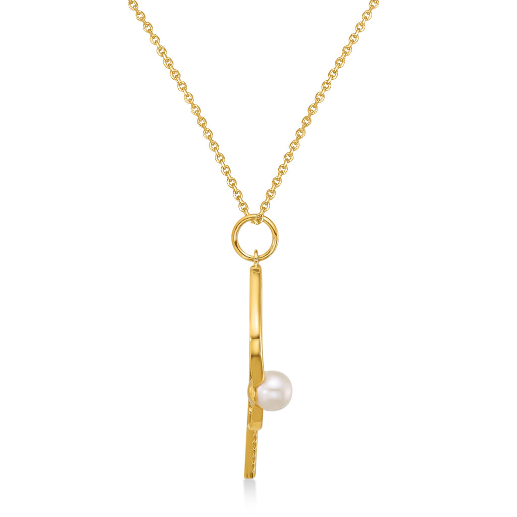 Cultured Pearl Ball & Pickleball Paddle Pendant Necklace 14K Yellow Gold
