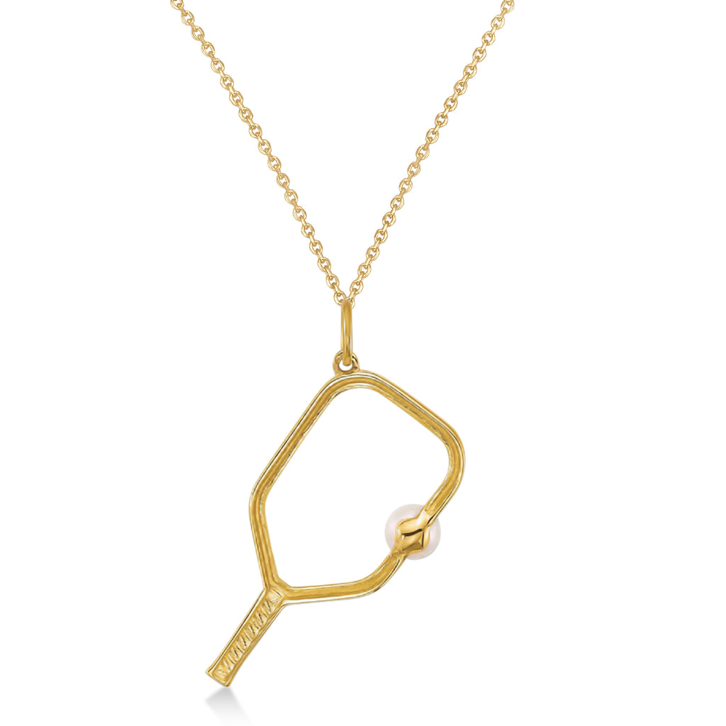 Cultured Pearl Ball & Pickleball Paddle Pendant Necklace 14K Yellow Gold
