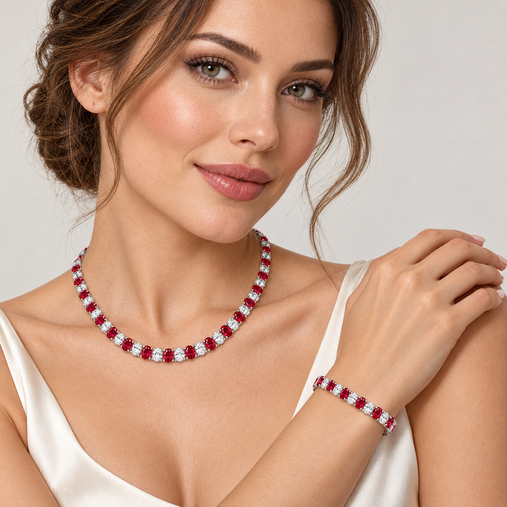 Model wearing the 5 × 3.5 mm oval ruby and diamond tennis bracelet with matching graduated necklace in 14k white gold
