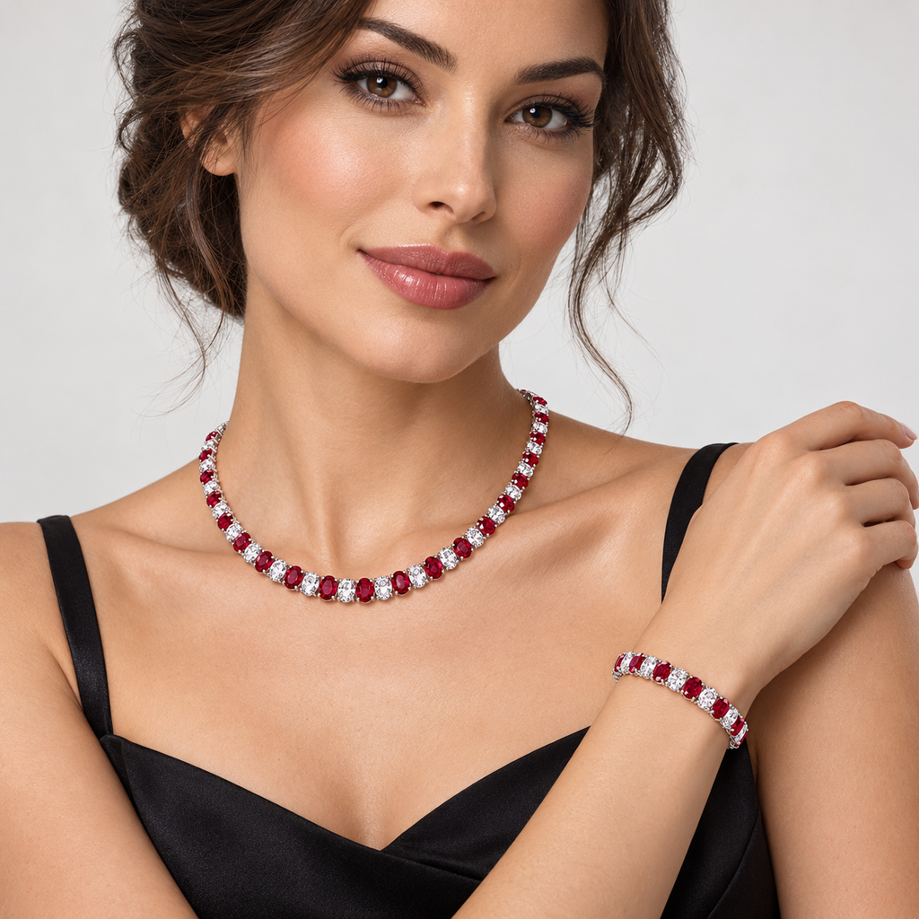 Model wearing the 6 × 4 mm oval ruby and diamond tennis bracelet with matching graduated necklace in 14k white gold