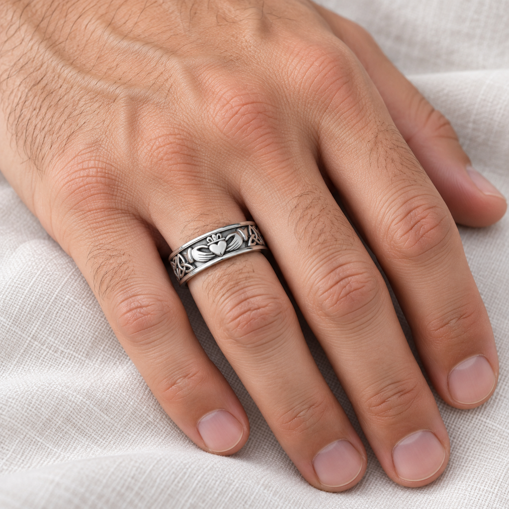 Claddagh & Celtic Knot Eternity Wedding Band 14k White Gold — Male hand wearing 6.41mm wedding band