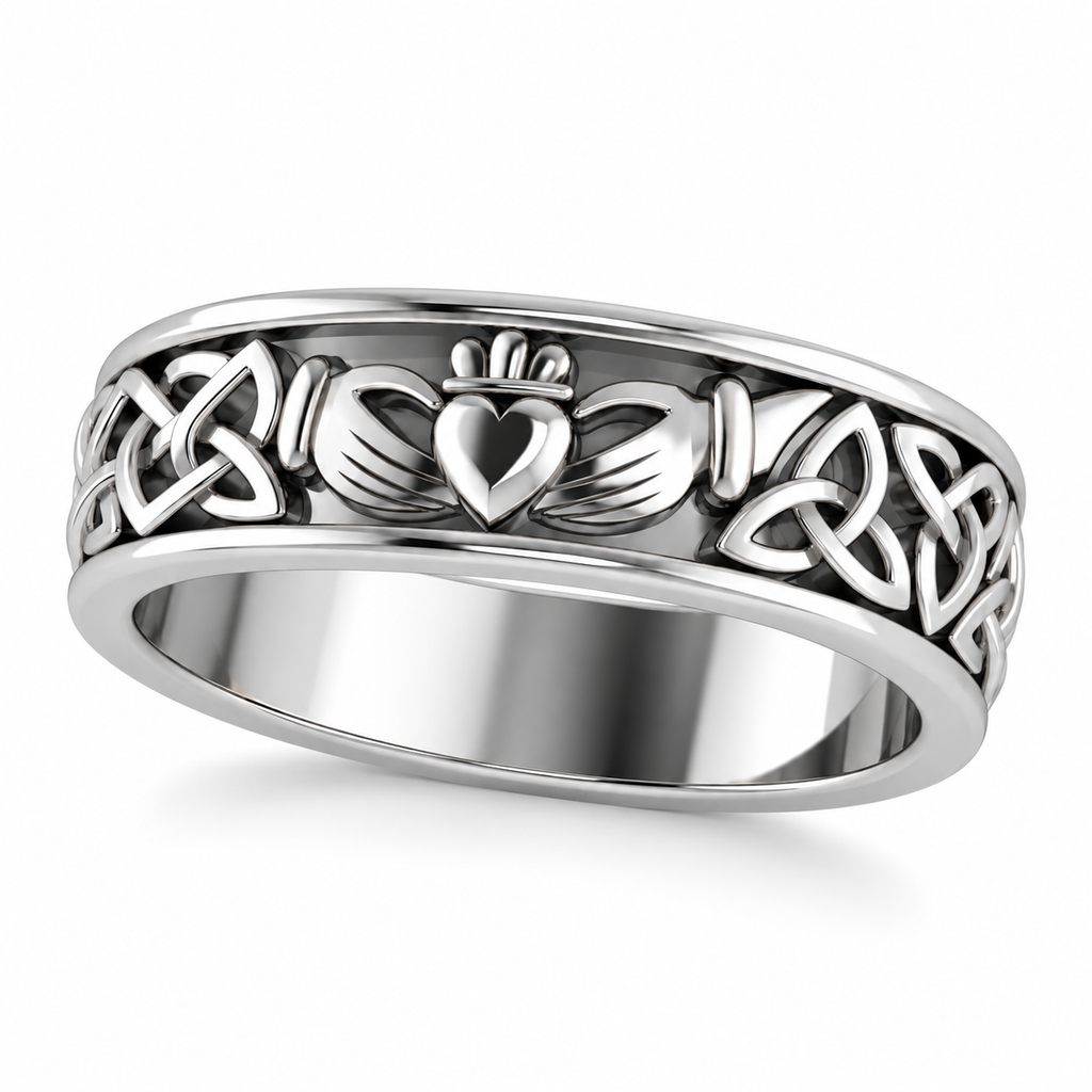 Claddagh & Celtic Knot Eternity Wedding Band 14k White Gold — Angled product view on white