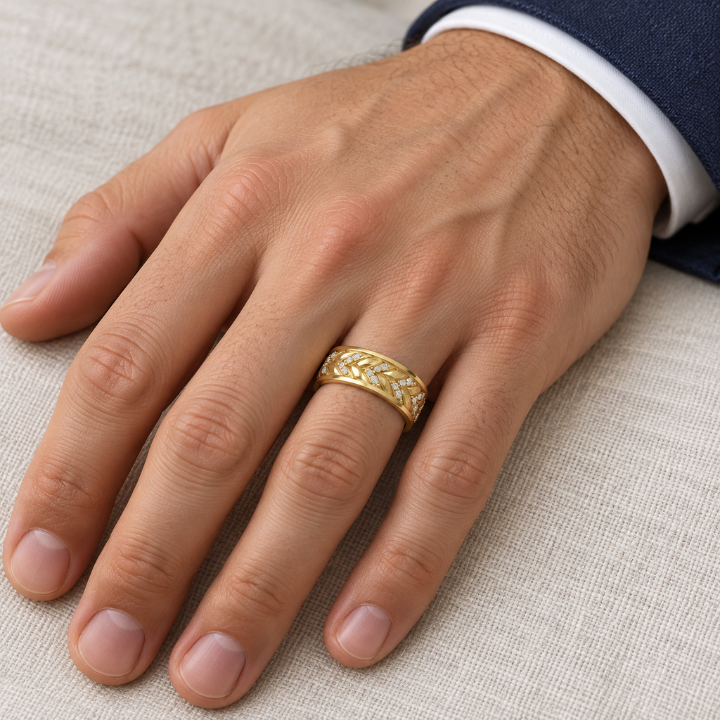 Men's Diamond Braided Band Eternity Ring 14k Yellow Gold (0.20ct) - Male hand wearing wedding band