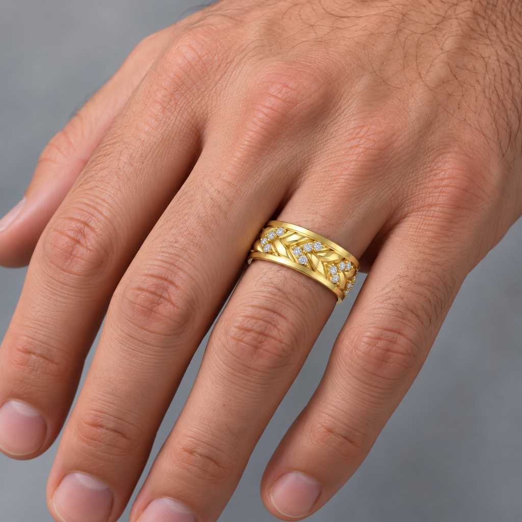AD2407 men's 7.41mm 18k yellow gold braided diamond eternity wedding band on hand
