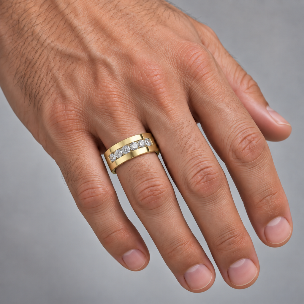 AD3504 men's 7.30mm diamond channel-set 14k yellow gold wedding band on hand