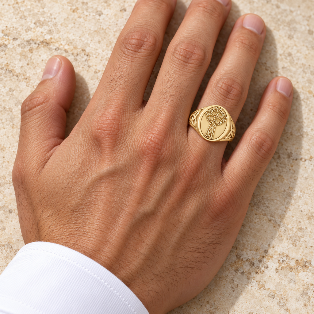 Men's Celtic Signet Irish Cross Ring 14K Yellow Gold - Male hand wearing ring
