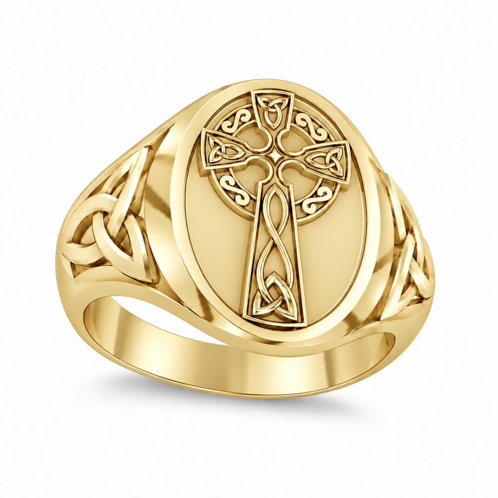 Men's Celtic Signet Irish Cross Ring 14K Yellow Gold - Angled product view on white