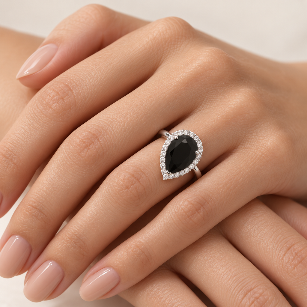 Pear Black Diamond & Diamond Engagement Ring 14K White Gold (6.24ct) — worn on the ring finger