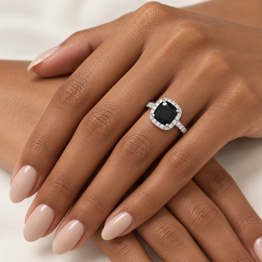 Cushion Cut Black Diamond Engagement Ring 14k White Gold (2.55ct) — worn on the ring finger