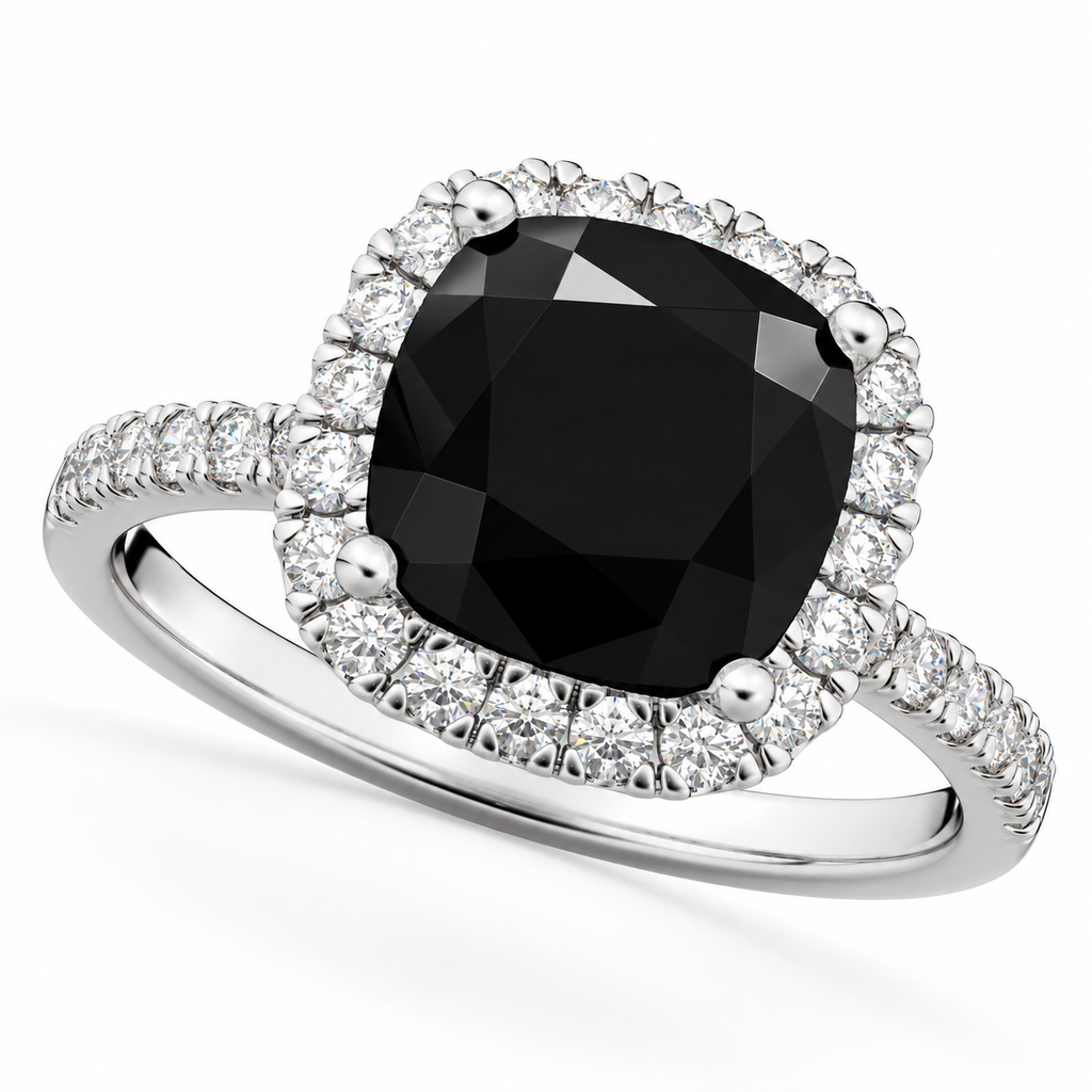 Cushion Cut Black Diamond Engagement Ring 14k White Gold (2.55ct) — angled product view