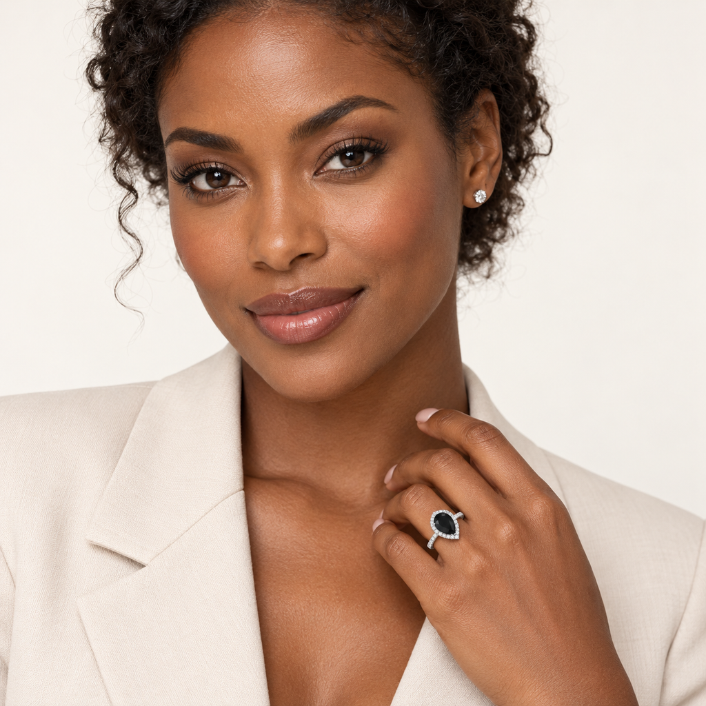 Pear Black Diamond & Diamond Engagement Ring 14K White Gold (2.51ct) — Professional model on a light studio background