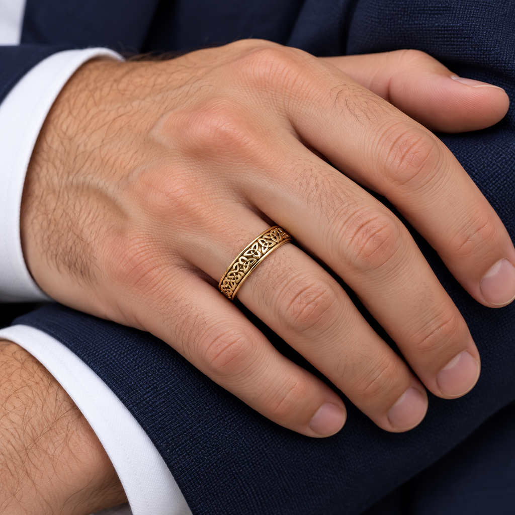 Celtic Knot Infinity Wedding Band Ring 14K Yellow Gold — male hand wearing wedding band