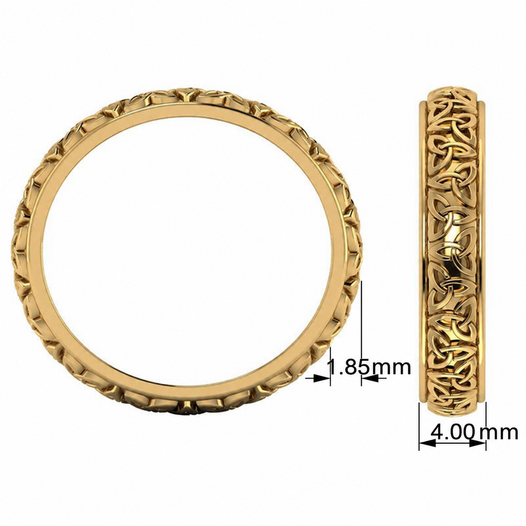 Celtic Knot Infinity Wedding Band Ring 14K Yellow Gold — 4.00mm width and 1.85mm thickness, black dimension labels