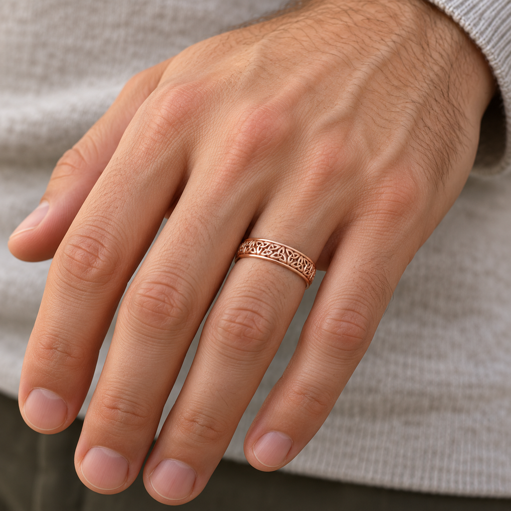 Celtic Knot Infinity Wedding Band Ring 14K Rose Gold — male hand