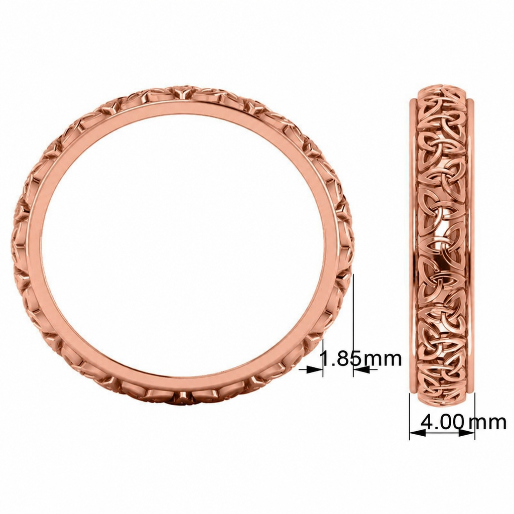 Celtic Knot Infinity Wedding Band Ring 14K Rose Gold — 4.00mm width and 1.85mm thickness; black measurement labels