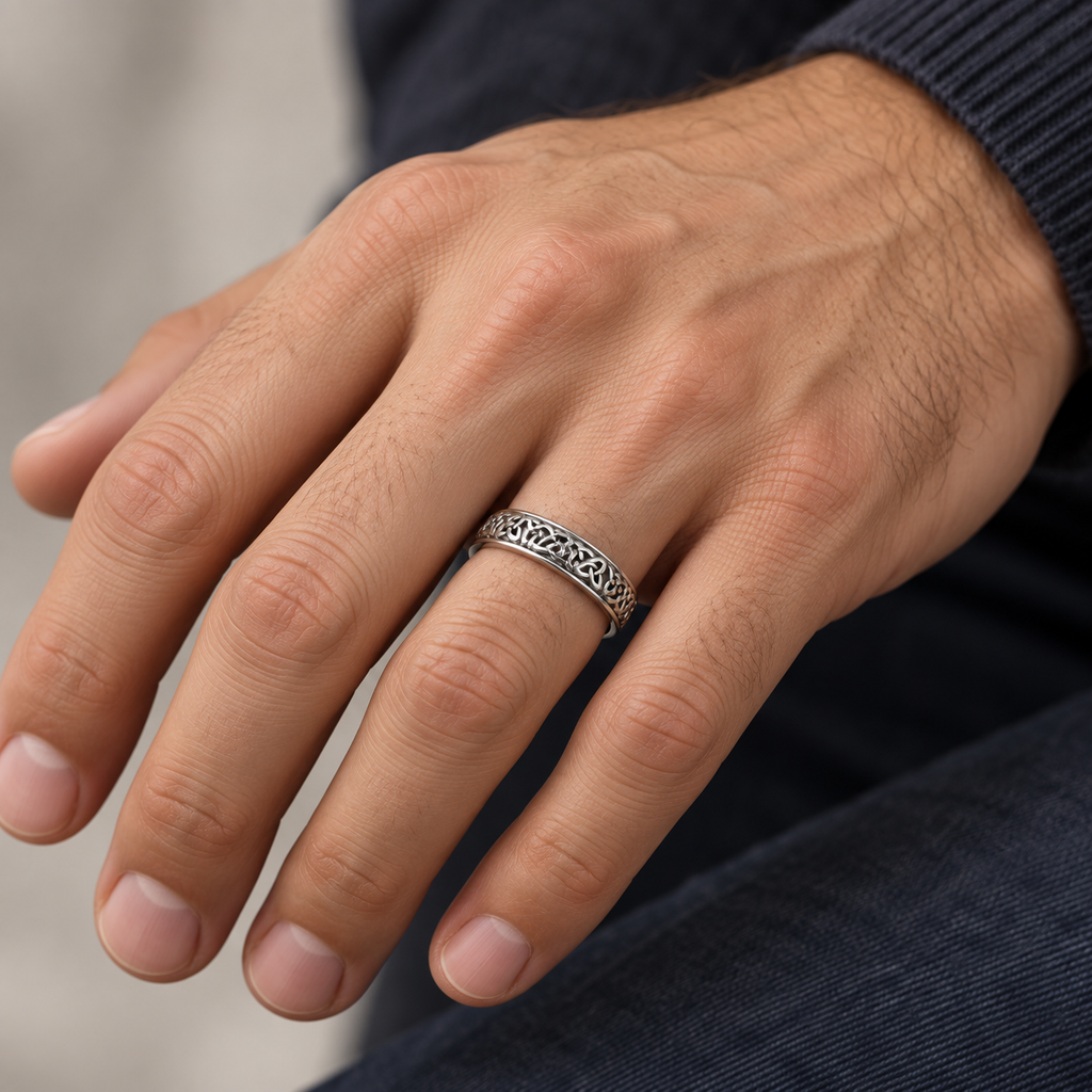 Celtic Knot Infinity Wedding Band Ring Platinum — Male hand wearing wedding band